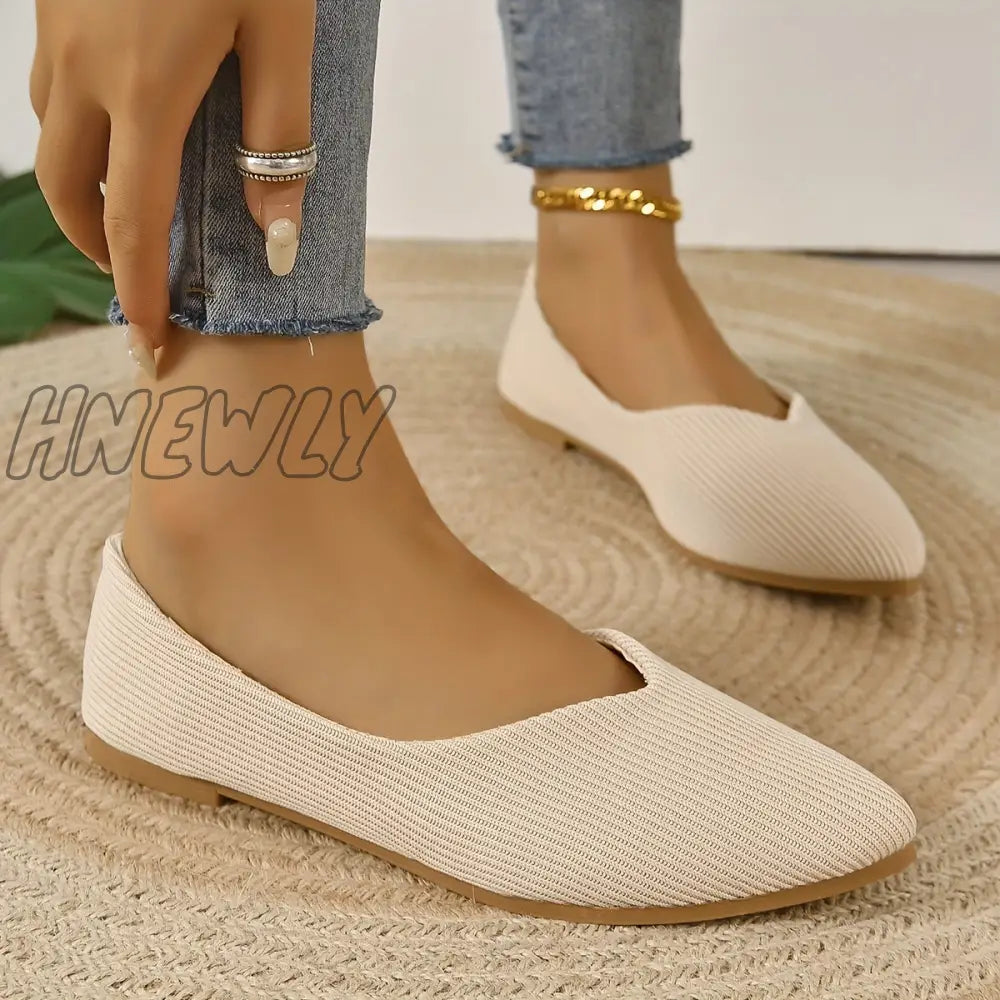 Hnewly Women’s Striped Detail Flat Shoes Slip On Solid Color Poin Toe Light Minimalist Comfy