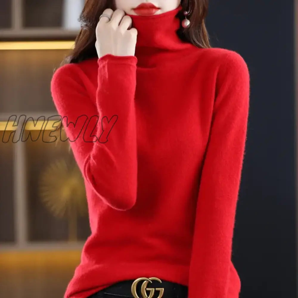 Hnewly Wool Cashmere Sweater Women’s High Stacked Collar Pullover Long Sleeve Winter Knitted Warm