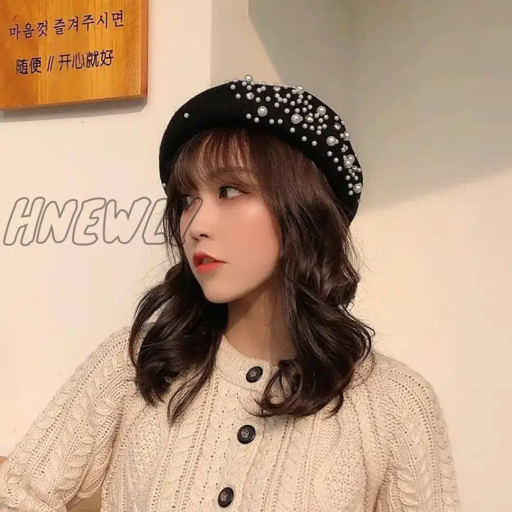 Hnewly Woolen Pearl Beret Woman Autumn-Winter Korean All-Matching Japanese Painter Hat British