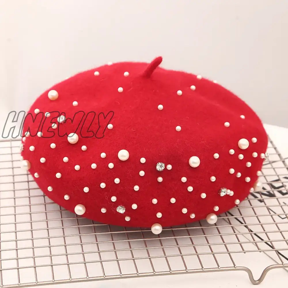 Hnewly Woolen Pearl Beret Woman Autumn-Winter Korean All-Matching Japanese Painter Hat British