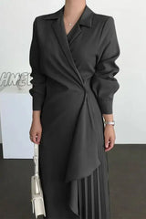 Hnewly - Work Elegant Solid Fold Turn-Back Collar Suit Dress Dresses(3 Colors) Black / S