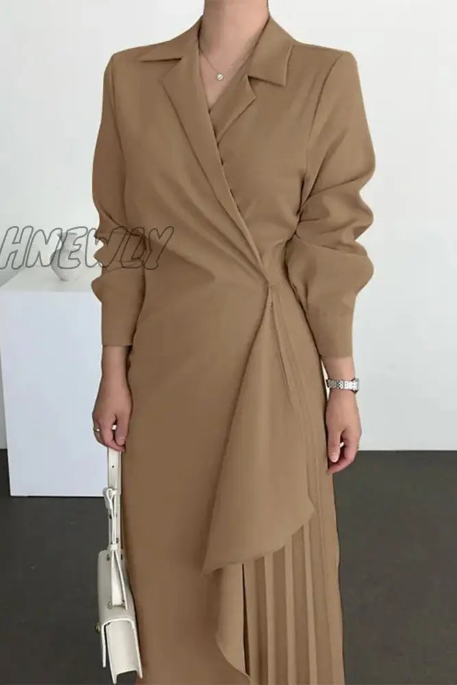 Hnewly - Work Elegant Solid Fold Turn-Back Collar Suit Dress Dresses(3 Colors) Brown / S