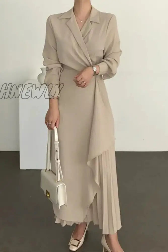 Hnewly - Work Elegant Solid Fold Turn-Back Collar Suit Dress Dresses(3 Colors) Cream White / S