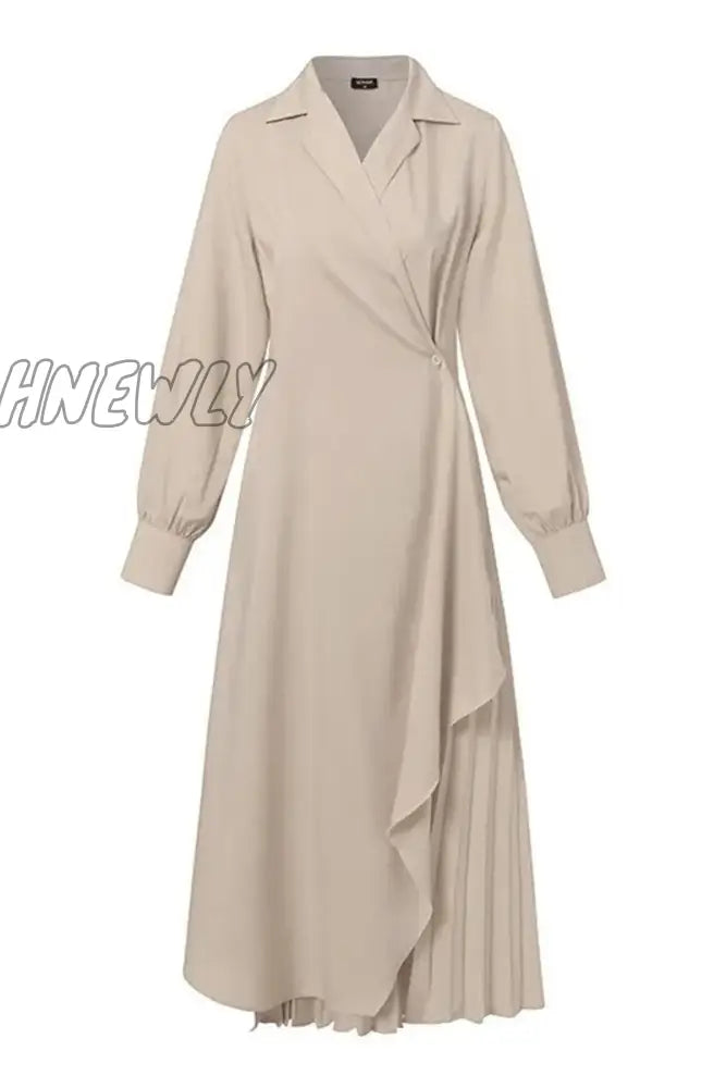 Hnewly - Work Elegant Solid Fold Turn-Back Collar Suit Dress Dresses(3 Colors) Dresses/Long Sleeve