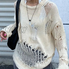 Hnewly Y2K Aesthetic Long Sleeve Hollow Out Pullovers Harajuku Dark Academia Oversized Knitted