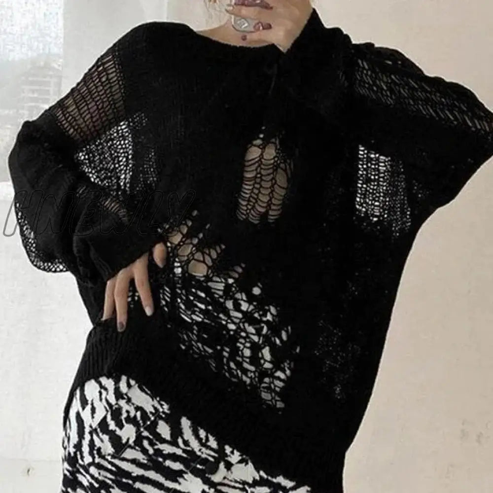 Hnewly Y2K Aesthetic Long Sleeve Hollow Out Pullovers Harajuku Dark Academia Oversized Knitted