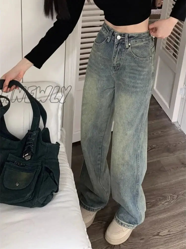 Hnewly Y2K Baggy Wide Leg Jeans Women Vintage Streetwear Washed Denim Pants Grunge Basic Slouchy