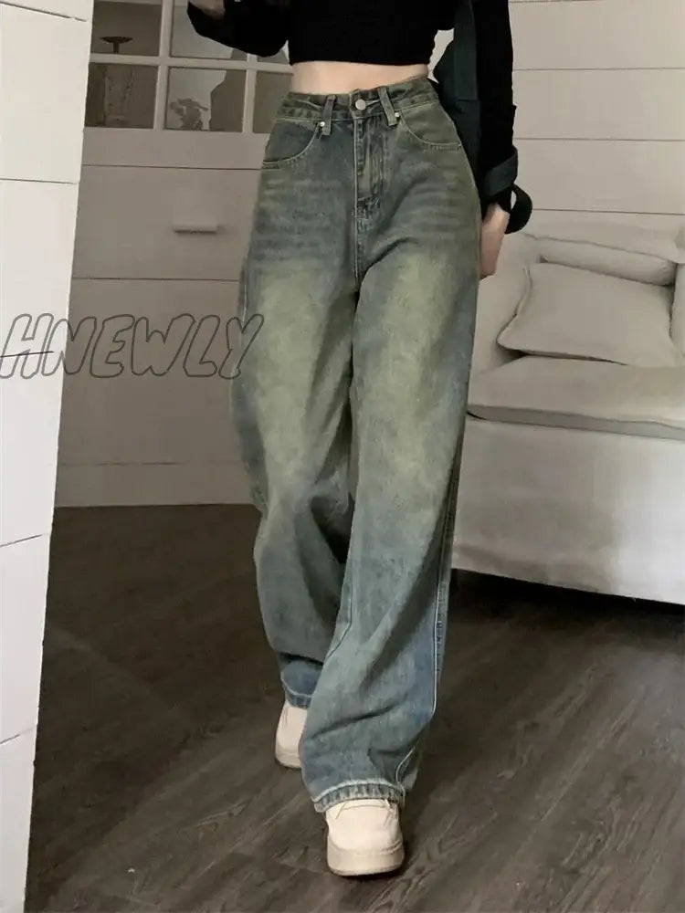 Hnewly Y2K Baggy Wide Leg Jeans Women Vintage Streetwear Washed Denim Pants Grunge Basic Slouchy