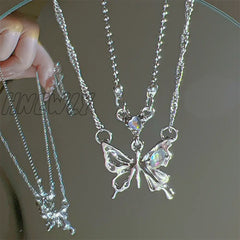 Hnewly Y2K Butterfly Necklace For Women Girls Silver Color Crystal Pendant Clavicle Chain Necklaces