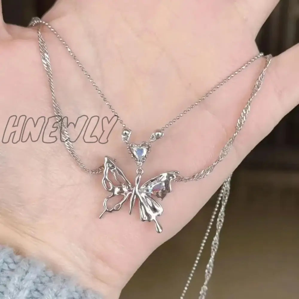 Hnewly Y2K Butterfly Necklace For Women Girls Silver Color Crystal Pendant Clavicle Chain Necklaces