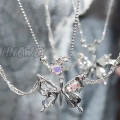 Hnewly Y2K Butterfly Necklace For Women Girls Silver Color Crystal Pendant Clavicle Chain Necklaces