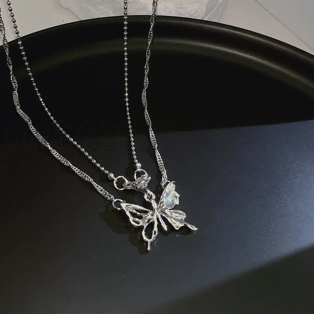 Hnewly Y2K Butterfly Necklace For Women Girls Silver Color Crystal Pendant Clavicle Chain Necklaces