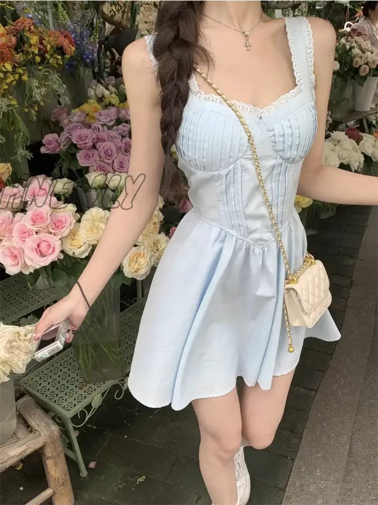 Hnewly Y2K Fairycore Blue Corset Dress Women Korean Fashion Sweet Lace High Waist Tunic Slip Mini