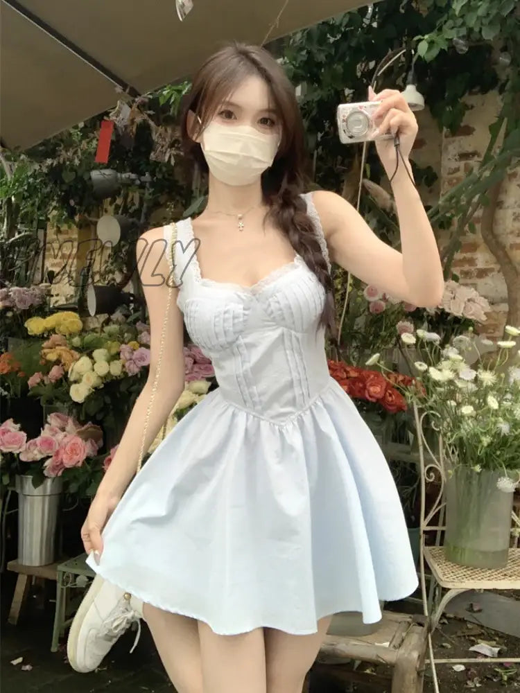 Hnewly Y2K Fairycore Blue Corset Dress Women Korean Fashion Sweet Lace High Waist Tunic Slip Mini