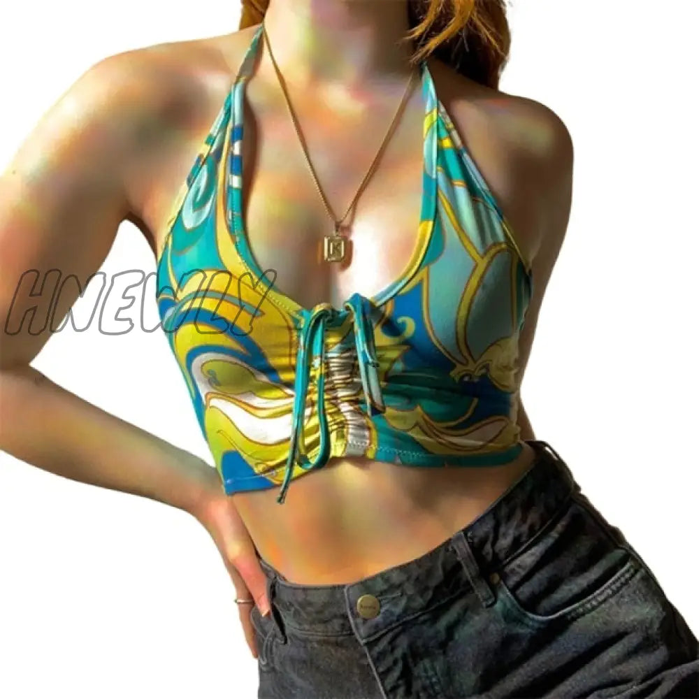 Hnewly Y2K Floral Printed Blue Halter Top Summer Bohemian Beach Style Backless Tank Tie Knot Front