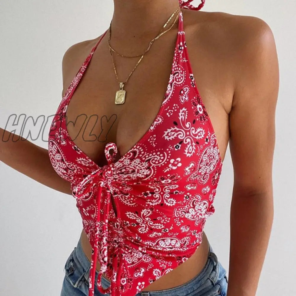 Hnewly Y2K Floral Printed Blue Halter Top Summer Bohemian Beach Style Backless Tank Tie Knot Front