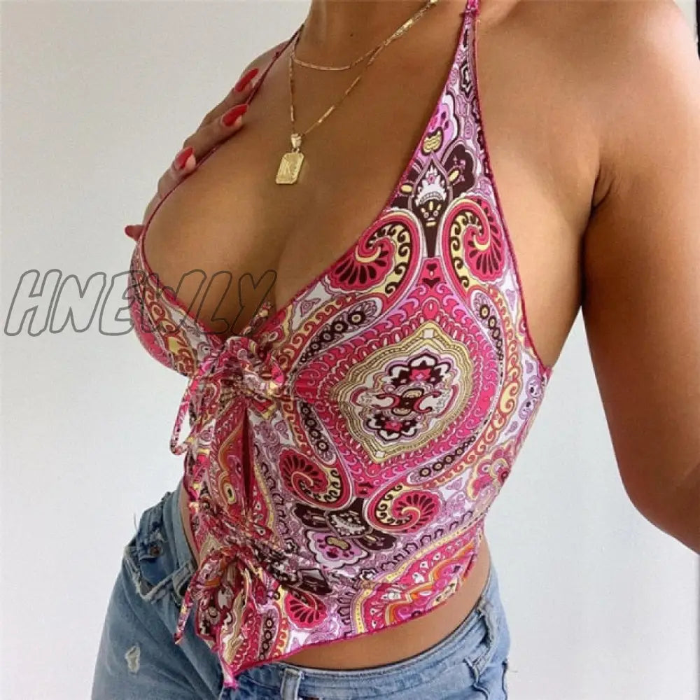 Hnewly Y2K Floral Printed Blue Halter Top Summer Bohemian Beach Style Backless Tank Tie Knot Front