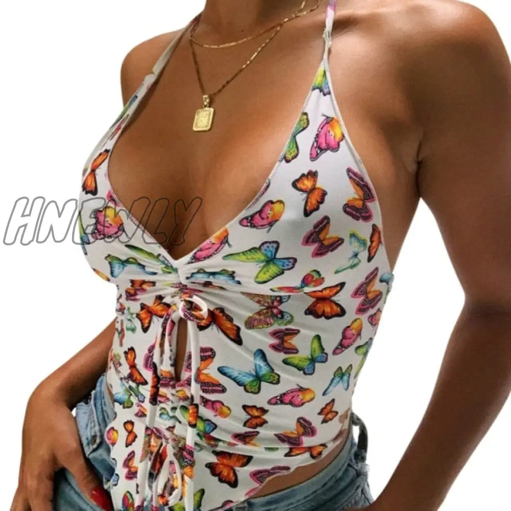 Hnewly Y2K Floral Printed Blue Halter Top Summer Bohemian Beach Style Backless Tank Tie Knot Front