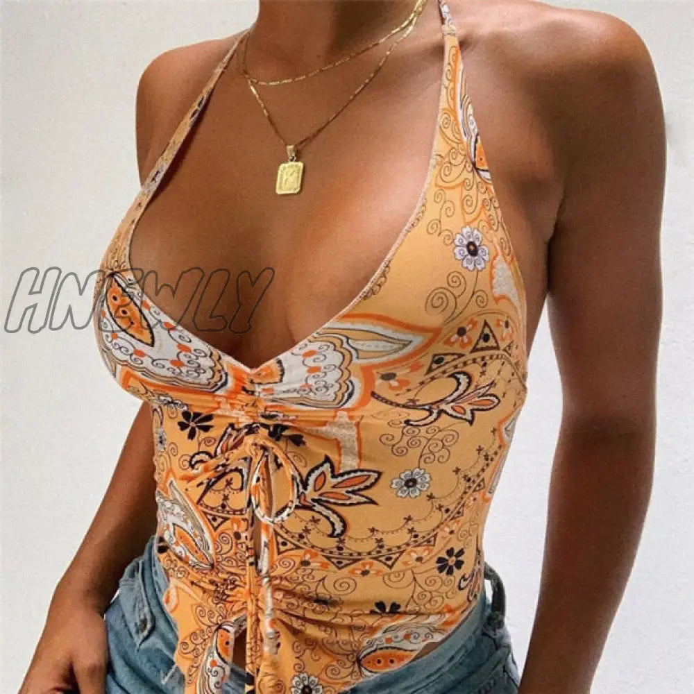 Hnewly Y2K Floral Printed Blue Halter Top Summer Bohemian Beach Style Backless Tank Tie Knot Front