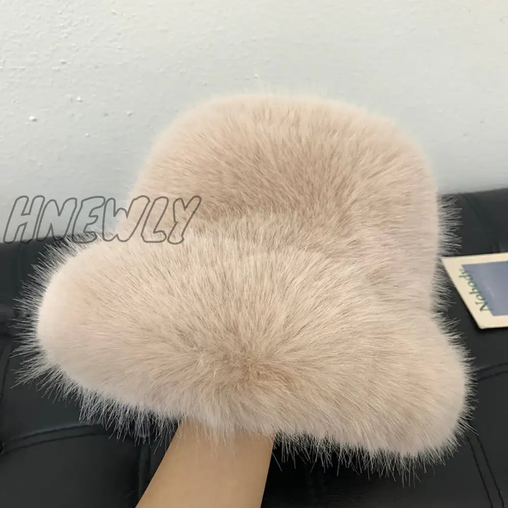 Hnewly Y2K Fluffy Faux Fur Bucket Hat Women Rabbit Warm Thick Plush Winter Lady Luxury Fashion