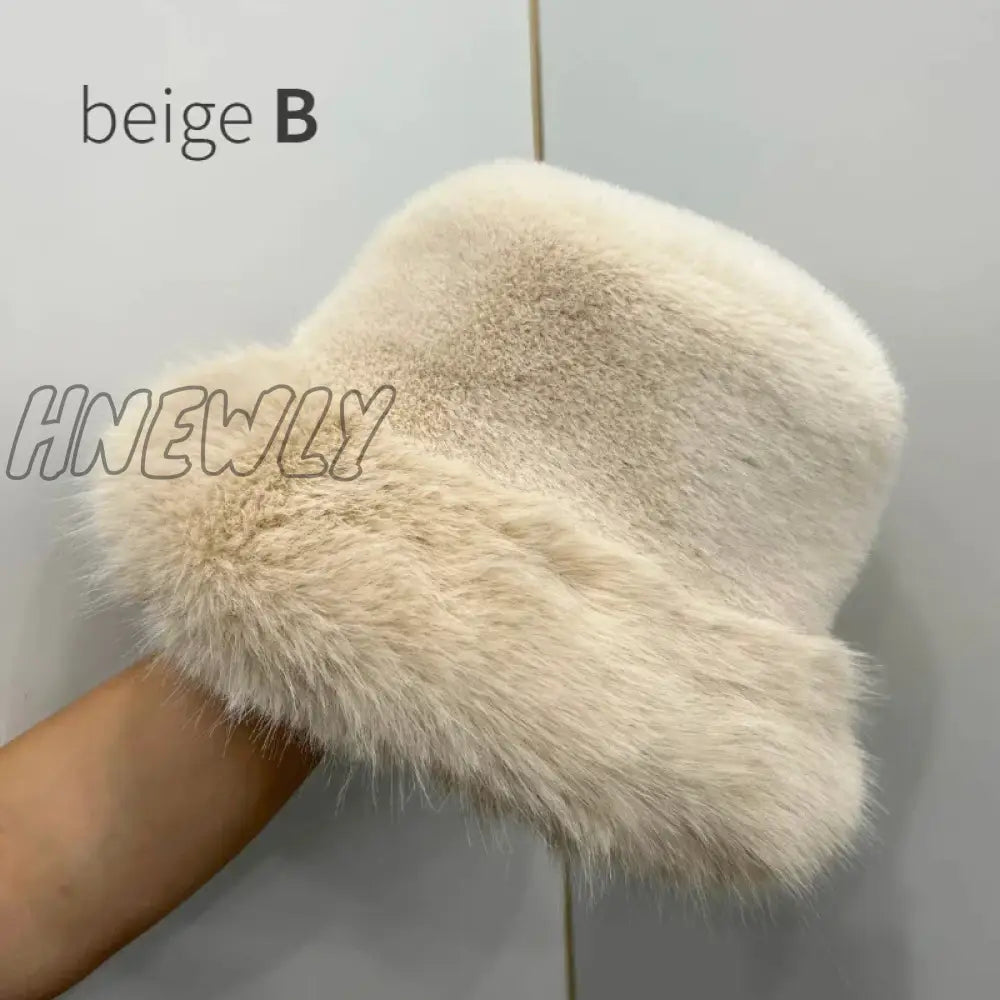 Hnewly Y2K Fluffy Faux Fur Bucket Hat Women Rabbit Warm Thick Plush Winter Lady Luxury Fashion