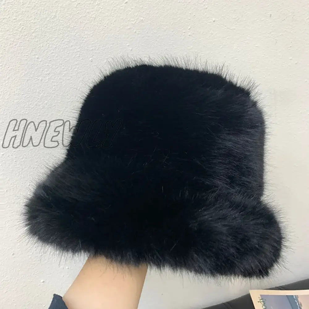 Hnewly Y2K Fluffy Faux Fur Bucket Hat Women Rabbit Warm Thick Plush Winter Lady Luxury Fashion