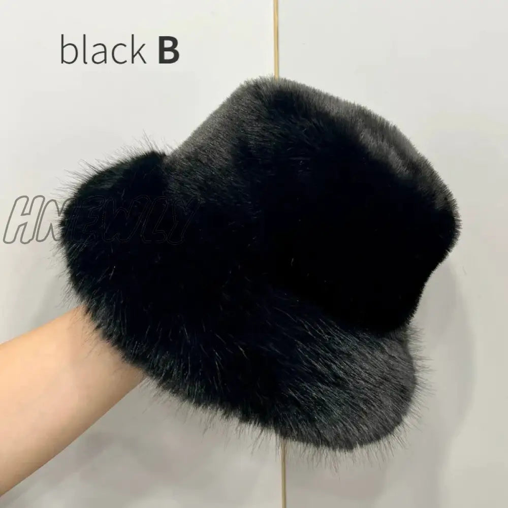 Hnewly Y2K Fluffy Faux Fur Bucket Hat Women Rabbit Warm Thick Plush Winter Lady Luxury Fashion