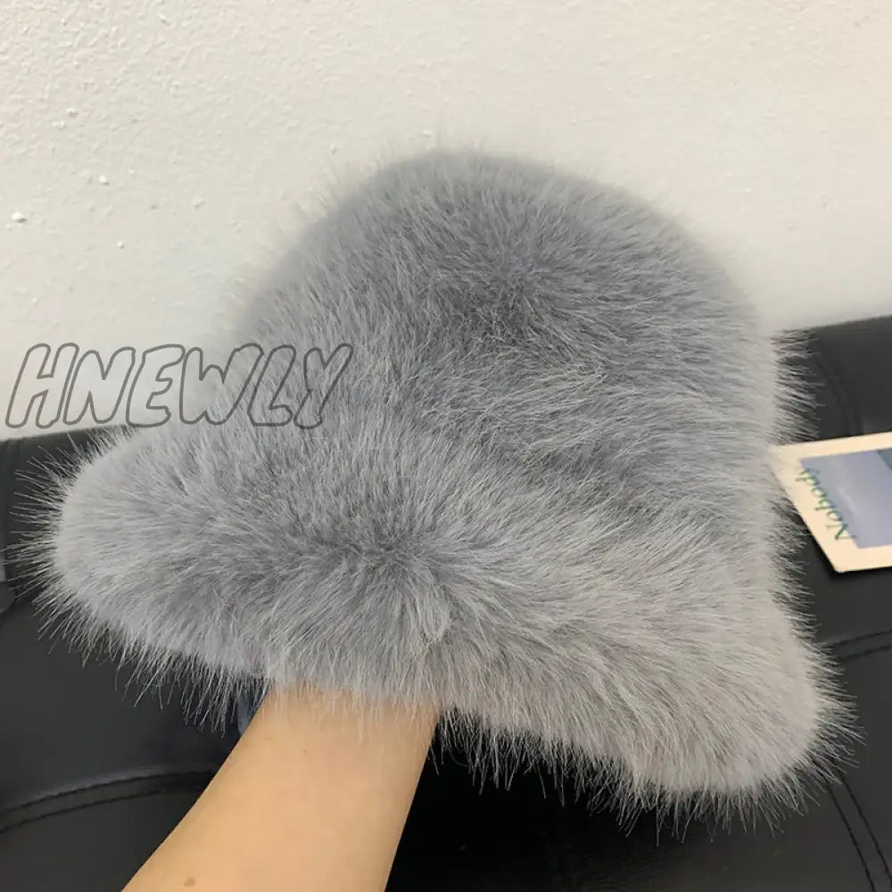 Hnewly Y2K Fluffy Faux Fur Bucket Hat Women Rabbit Warm Thick Plush Winter Lady Luxury Fashion