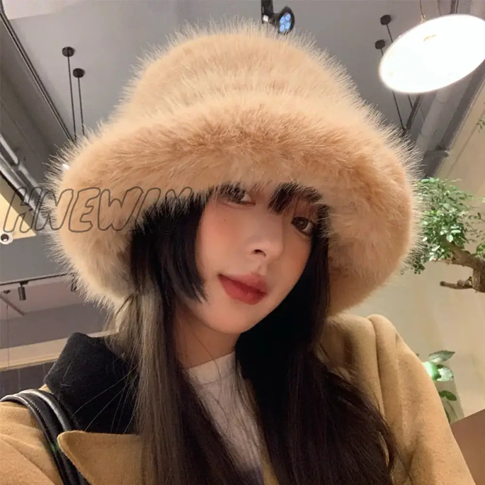 Hnewly Y2K Fluffy Faux Fur Bucket Hat Women Rabbit Warm Thick Plush Winter Lady Luxury Fashion