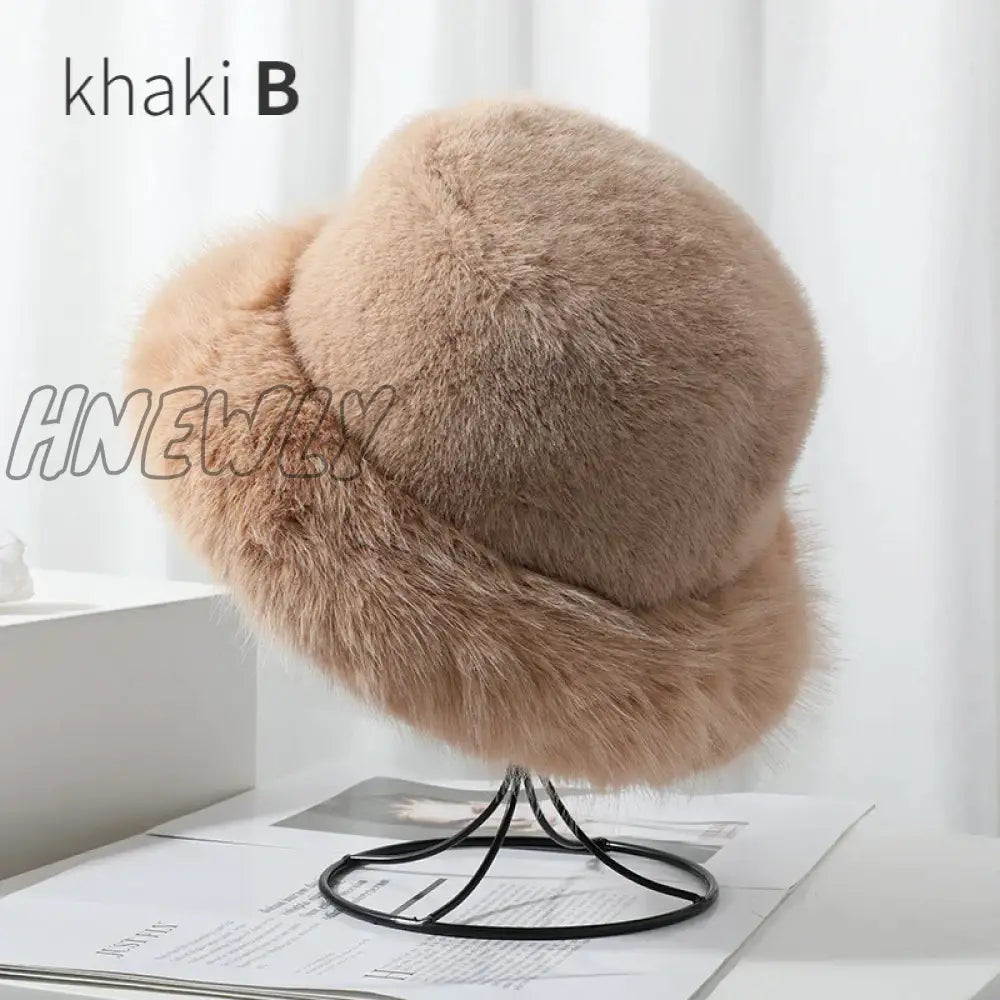 Hnewly Y2K Fluffy Faux Fur Bucket Hat Women Rabbit Warm Thick Plush Winter Lady Luxury Fashion