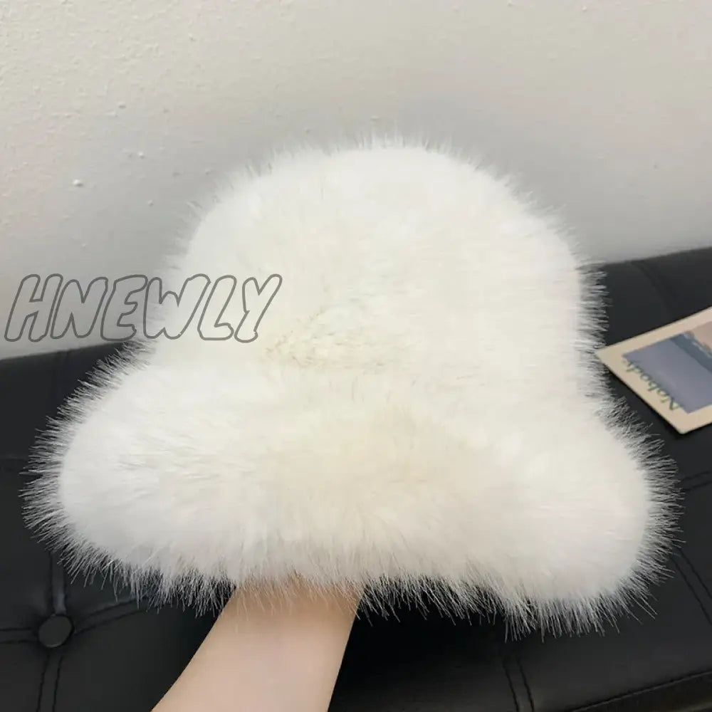 Hnewly Y2K Fluffy Faux Fur Bucket Hat Women Rabbit Warm Thick Plush Winter Lady Luxury Fashion