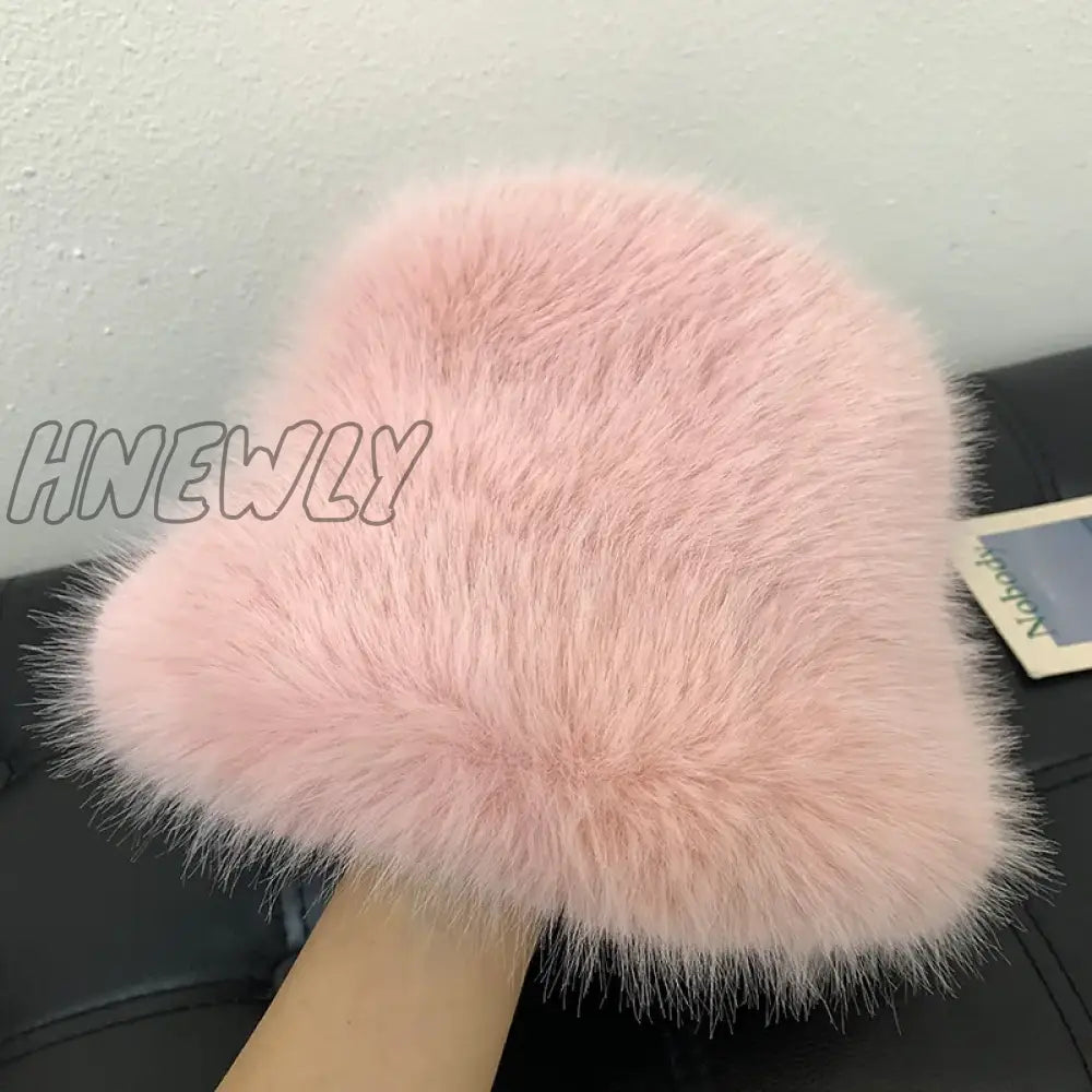 Hnewly Y2K Fluffy Faux Fur Bucket Hat Women Rabbit Warm Thick Plush Winter Lady Luxury Fashion