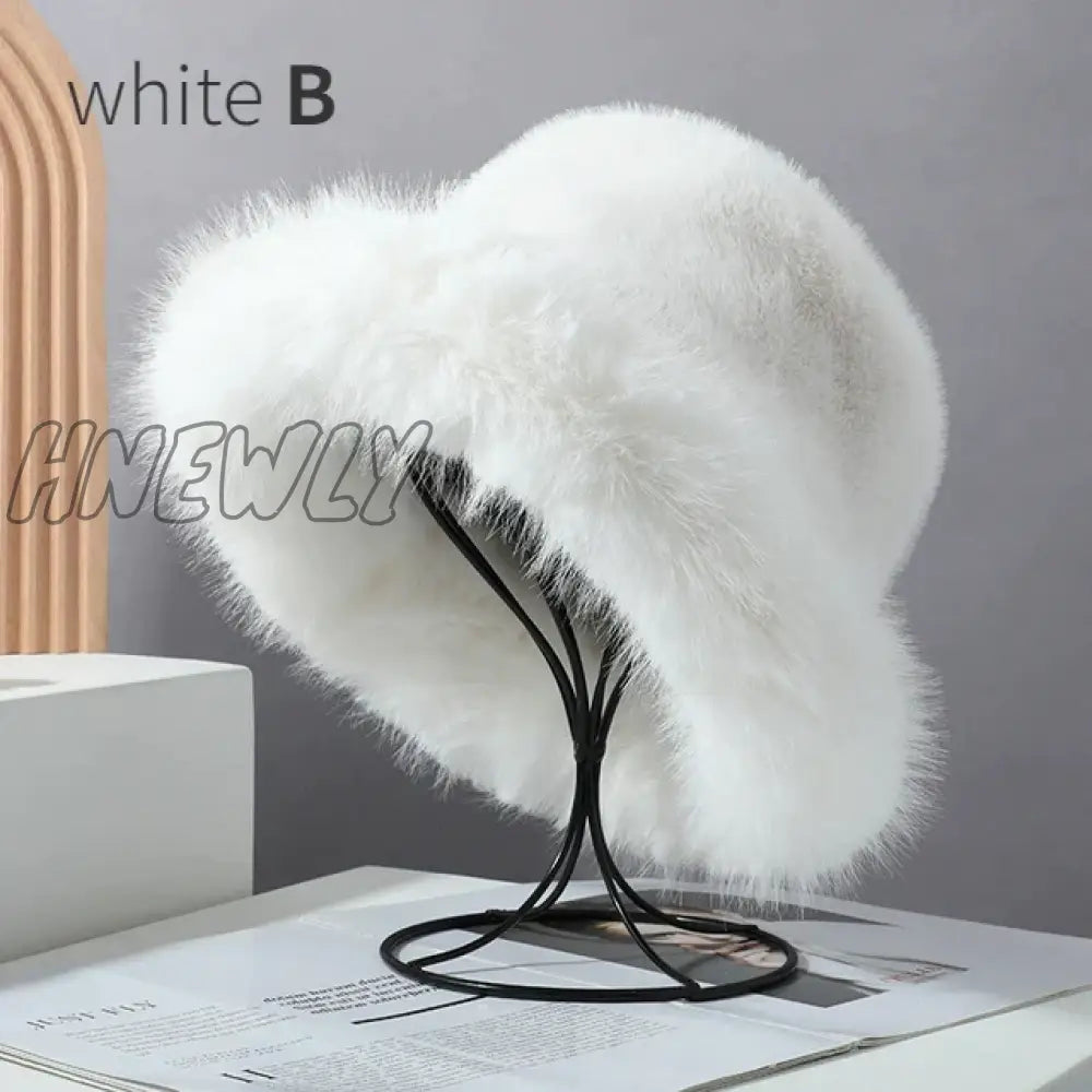 Hnewly Y2K Fluffy Faux Fur Bucket Hat Women Rabbit Warm Thick Plush Winter Lady Luxury Fashion