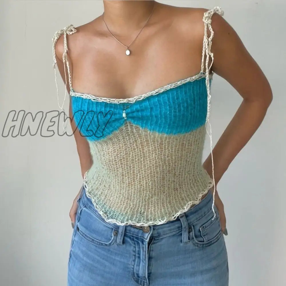 Hnewly Y2K Hollow Out Knit Crop Top Women Contrast Color Sleeveless Tank Tops Summer Club Sexy