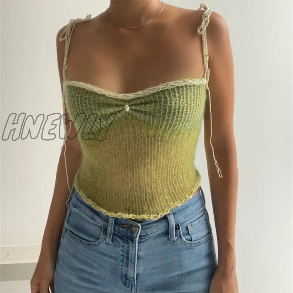 Hnewly Y2K Hollow Out Knit Crop Top Women Contrast Color Sleeveless Tank Tops Summer Club Sexy