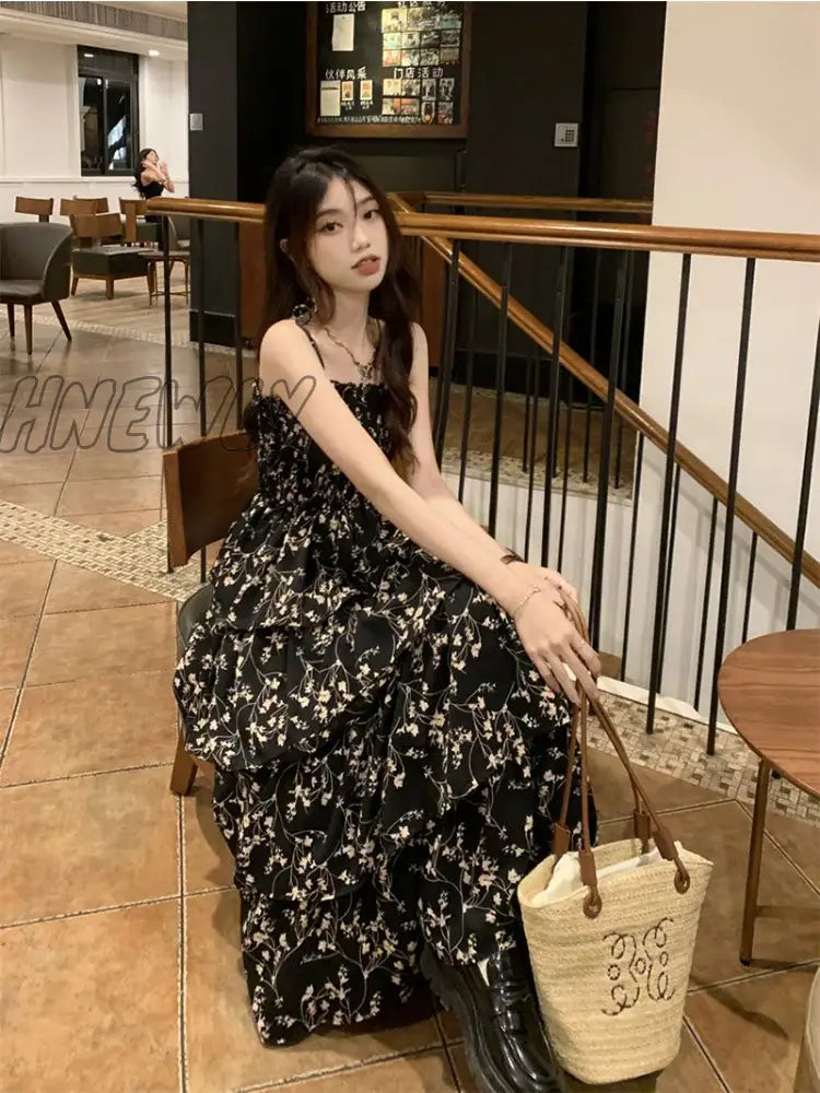 Hnewly Y2K Korean Style One Piece Floral Dress Women Vintage Elegant Layered High Waist Black Long