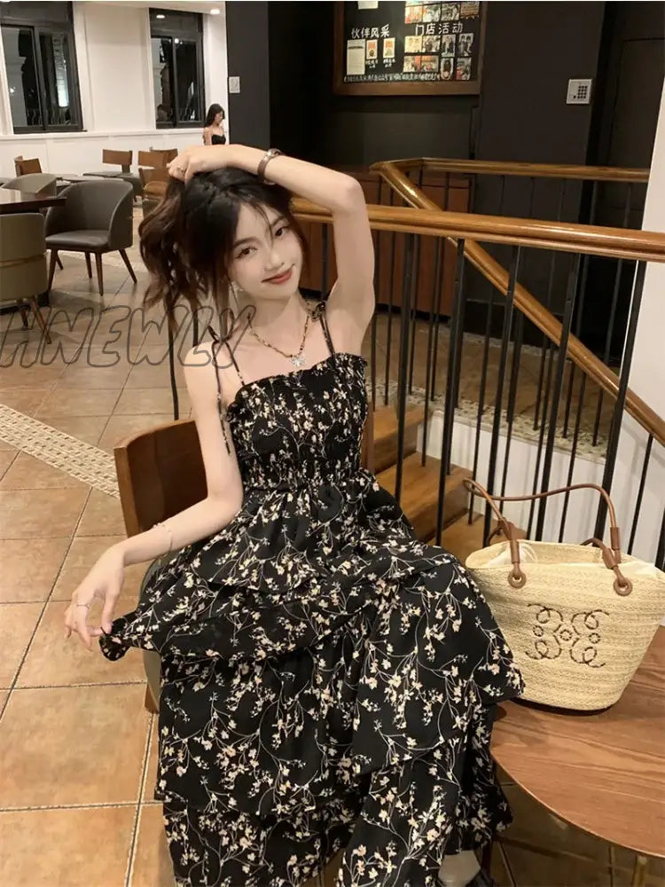 Hnewly Y2K Korean Style One Piece Floral Dress Women Vintage Elegant Layered High Waist Black Long