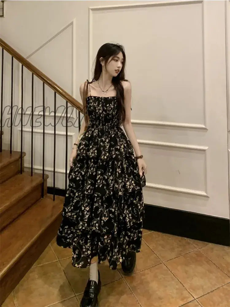 Hnewly Y2K Korean Style One Piece Floral Dress Women Vintage Elegant Layered High Waist Black Long