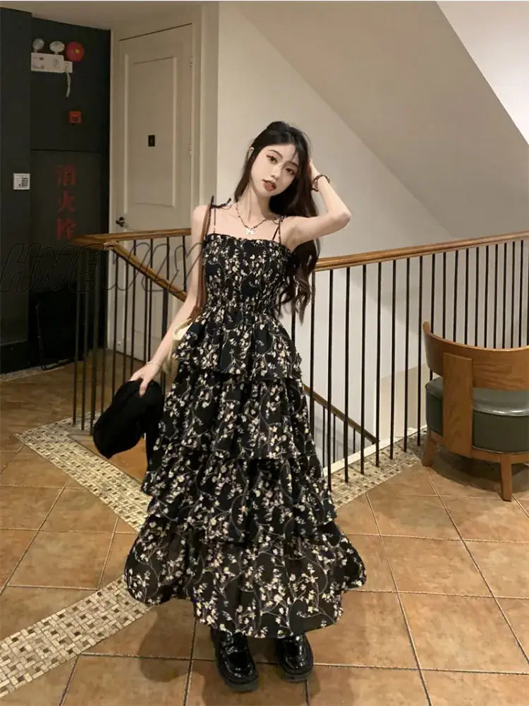 Hnewly Y2K Korean Style One Piece Floral Dress Women Vintage Elegant Layered High Waist Black Long