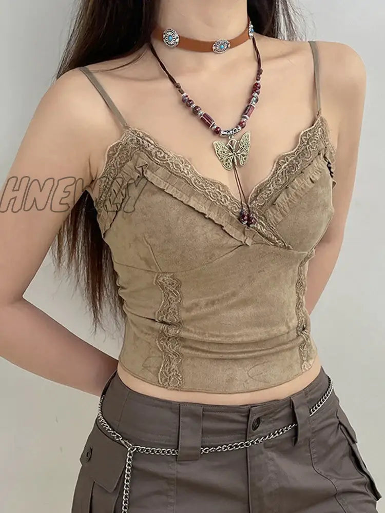 Hnewly Y2K Lace Mini Vest Women Spaghetti Strap Khaki Crop Top Harajuku Basic Casual Sweats Vintage