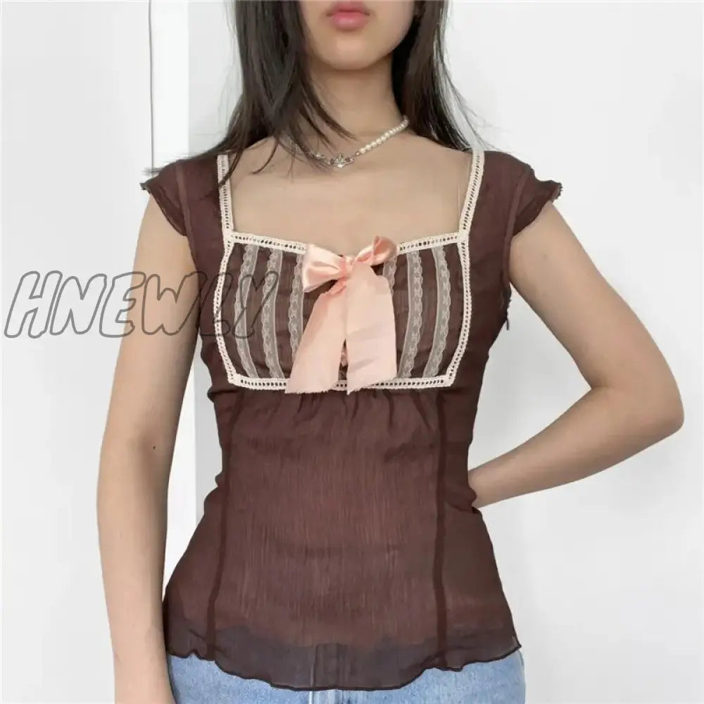 Hnewly Y2K Lace Patchwork Crop Top Square Collar T Shirt With Bow Ruffles Sleeve Pullovers Summer