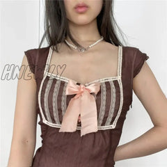 Hnewly Y2K Lace Patchwork Crop Top Square Collar T Shirt With Bow Ruffles Sleeve Pullovers Summer