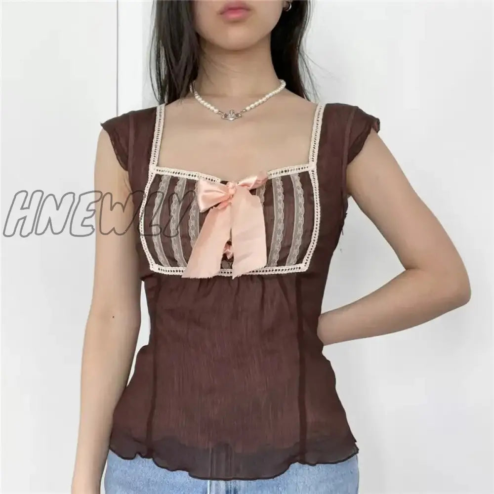 Hnewly Y2K Lace Patchwork Crop Top Square Collar T Shirt With Bow Ruffles Sleeve Pullovers Summer