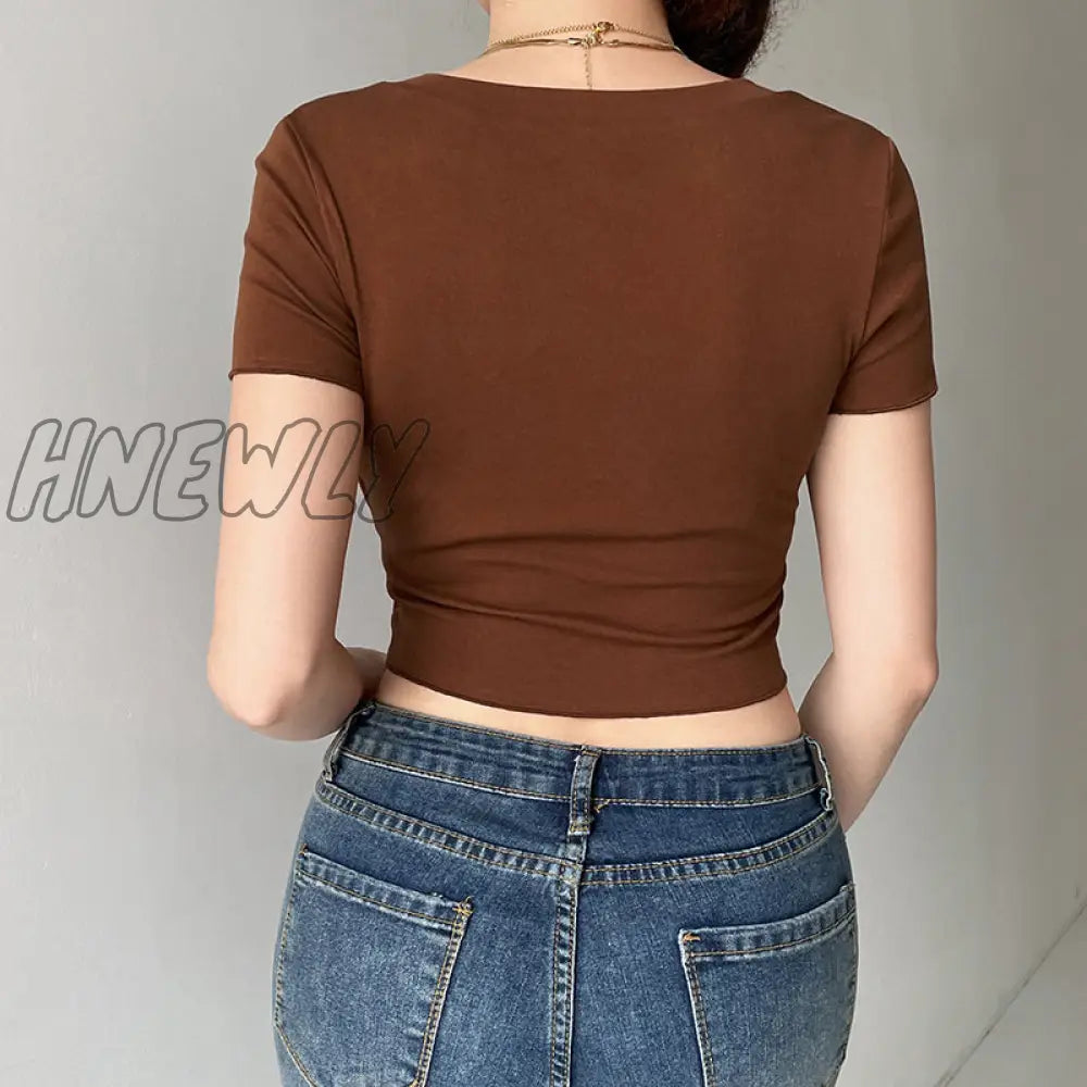 Hnewly Y2K Lace Trim Crop Top Brown Cotton Button T Shirt Short Sleeve V Neck Retro Harajuku Basic