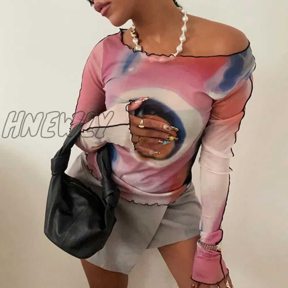 Hnewly Y2K Long Sleeve Crop Top Women Grunge Fairycore Tie Dye Print T Shirts 2000S Clothes Mesh