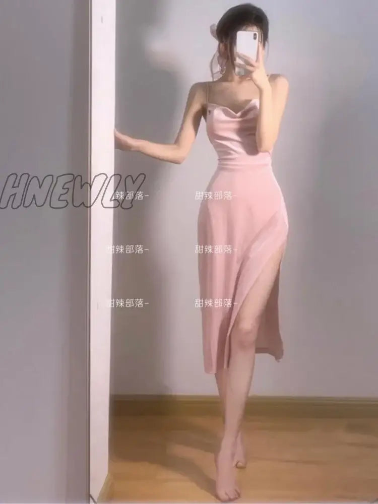 Qweek Y2K Pink Sexy Slip Dress Bodycon Spaghetti Strap Night Club Party Midi Dresses 2023 Summer