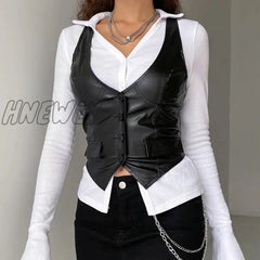 Hnewly Y2K Pu Leather Vest Vintage Aesthetic Women V Neck Sleeveless Button Tank Tops 2000S Dark