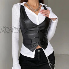 Hnewly Y2K Pu Leather Vest Vintage Aesthetic Women V Neck Sleeveless Button Tank Tops 2000S Dark