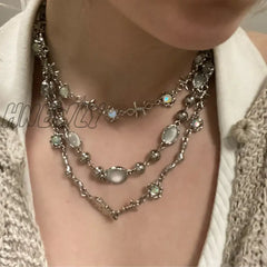 Hnewly Y2K Retro Kpop Silver Color Pendant Necklaces For Women Gothic Zircon Heart Cross Tassel