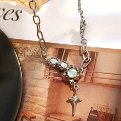 Hnewly Y2K Retro Kpop Silver Color Pendant Necklaces For Women Gothic Zircon Heart Cross Tassel